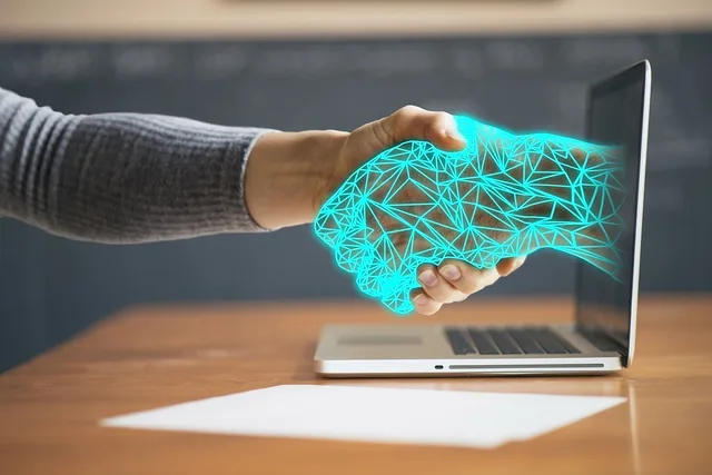 teknologi, hænder, aftale, okay, skærm, computer, kontor, samarbejde, integration, platform, håndtryk, hjælp, innovation, robot, robot, robot, robot, robot, robot. Vælg e-handelsplatform med dansk moms og fragt